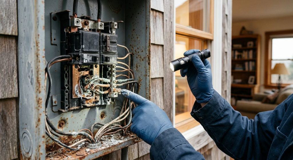 Professional photograph of a licensed electrician inspecting a corroded outdoor electrical panel on a coastal home, with visible white corrosion on copper wiring and rust on the steel enclosure.