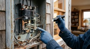 Professional photograph of a licensed electrician inspecting a corroded outdoor electrical panel on a coastal home, with visible white corrosion on copper wiring and rust on the steel enclosure.