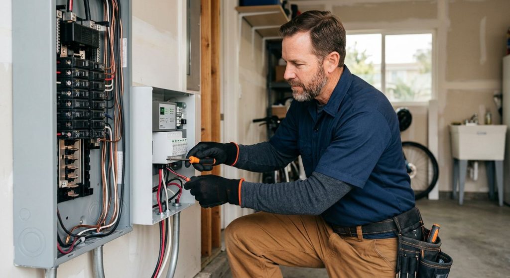 Professional electrician installing whole-home surge protector in residential electrical panel