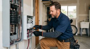 Professional electrician installing whole-home surge protector in residential electrical panel
