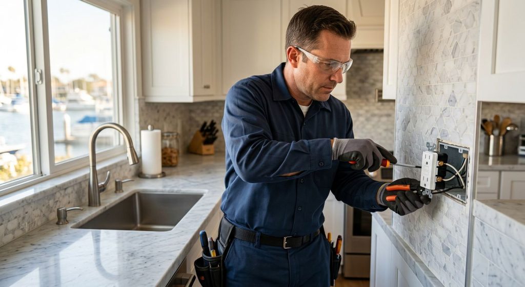 Licensed electrician installing a GFCI outlet in a Marina del Rey kitchen, with safety glasses and tools, focused on the outlet's buttons.