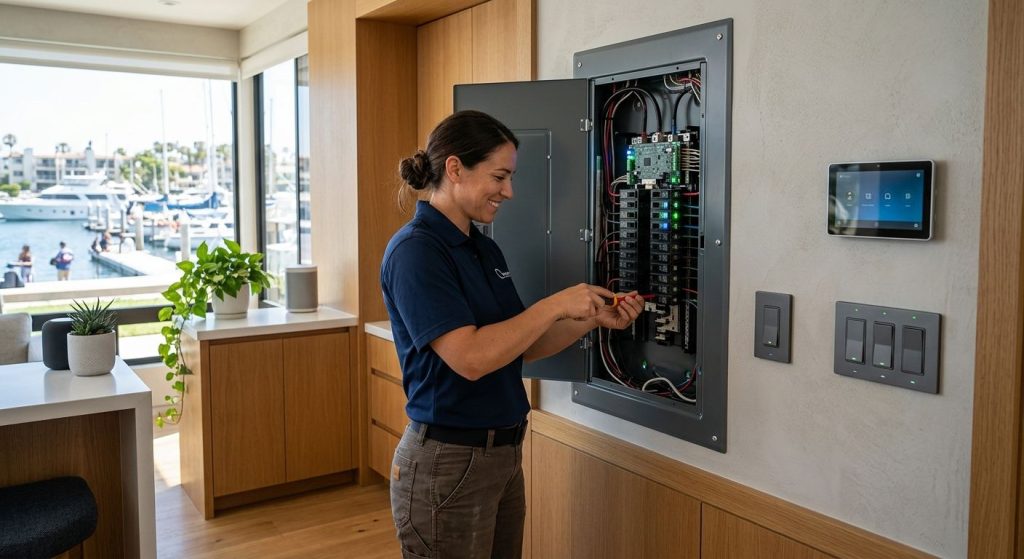 Professional electrician installing smart electrical panel in a modern Marina del Rey home with marina views and smart home controls