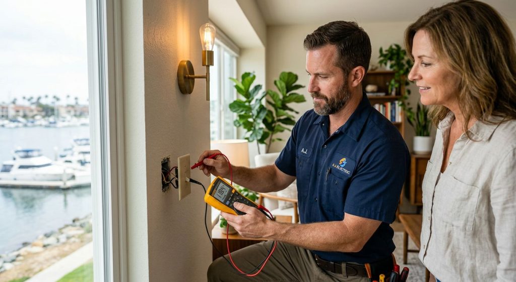 Licensed electrician using a multimeter to test a wall sconce switch while a homeowner observes, with a flickering lamp in the background in a bright Marina del Rey home.