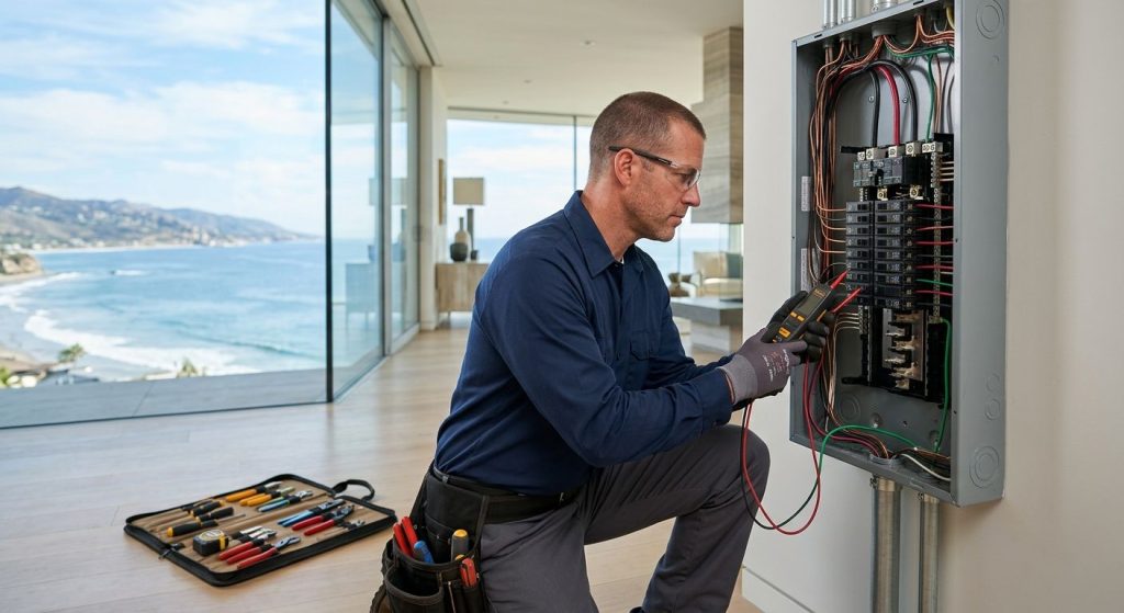 A professional electrician in a clean uniform working on an electrical panel inside a sunlit home with ocean views
