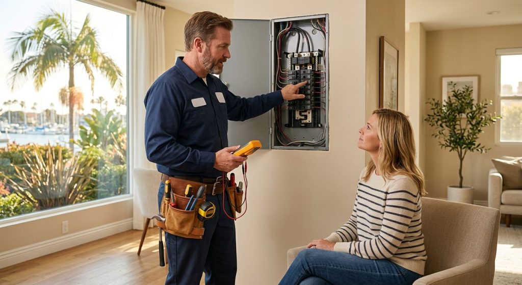 Licensed electrician discussing electrical panel upgrade with homeowner in Marina del Rey living room, sunlight and palm trees outside