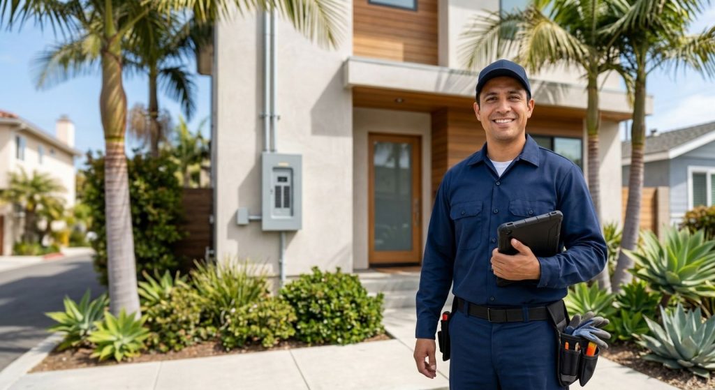 Trustworthy uniformed electrician holding tablet near Los Angeles home with palm trees