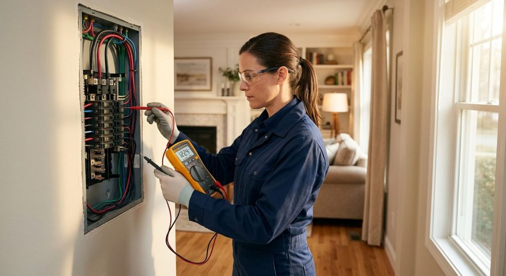 A bearded male electrician in a navy blue uniform holding a digital multimeter beside an open electrical panel in a sunlit residential living room.
