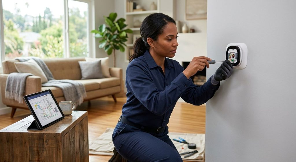 Professional electrician in navy-blue uniform installing a smart thermostat on a living room wall in a Studio City home, with wiring diagram visible on a tablet, bright natural light and neutral decor.