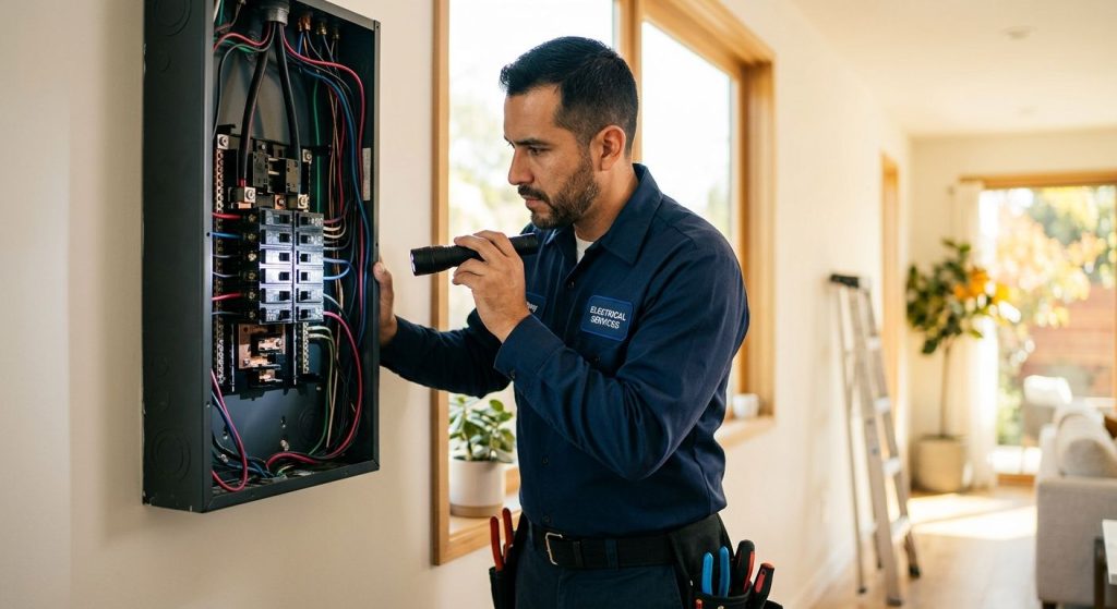 Licensed electrician inspecting an open electrical panel in a bright Los Angeles home, wearing a clean uniform and using a flashlight