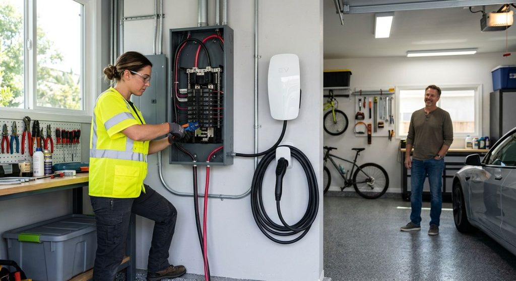 Professional licensed electrician installing a modern 200-amp electrical panel beside a sleek Level 2 EV charger in a well-lit Marina del Rey home garage.