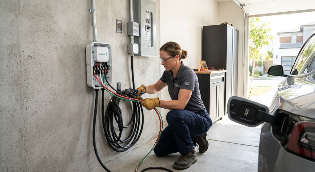 Licensed electrician installing a Level 2 EV charger in a bright Los Angeles garage