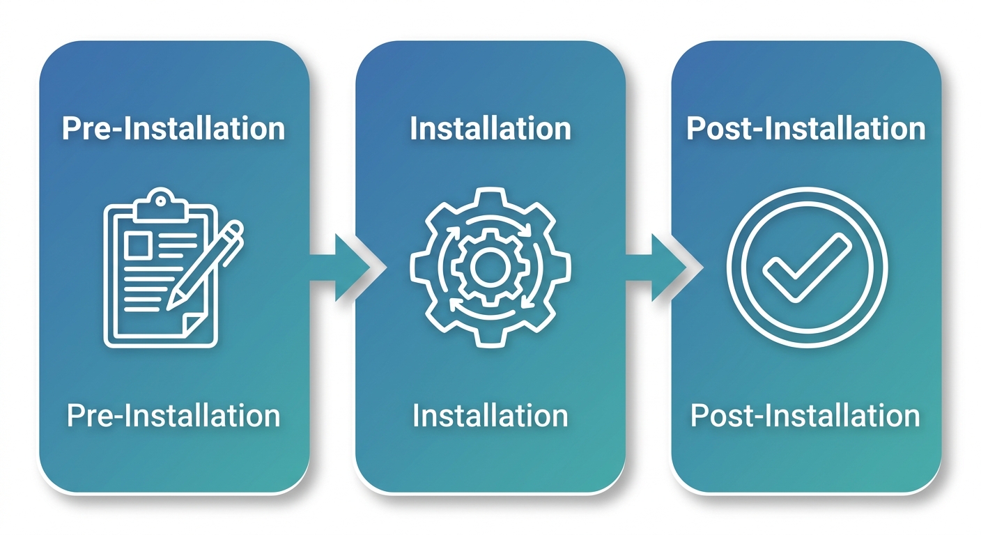 Horizontal process flow with three stages for securing LADWP EV charger rebate: Pre-Installation, Installation, Post-Installation, each with an icon, connected by arrows.