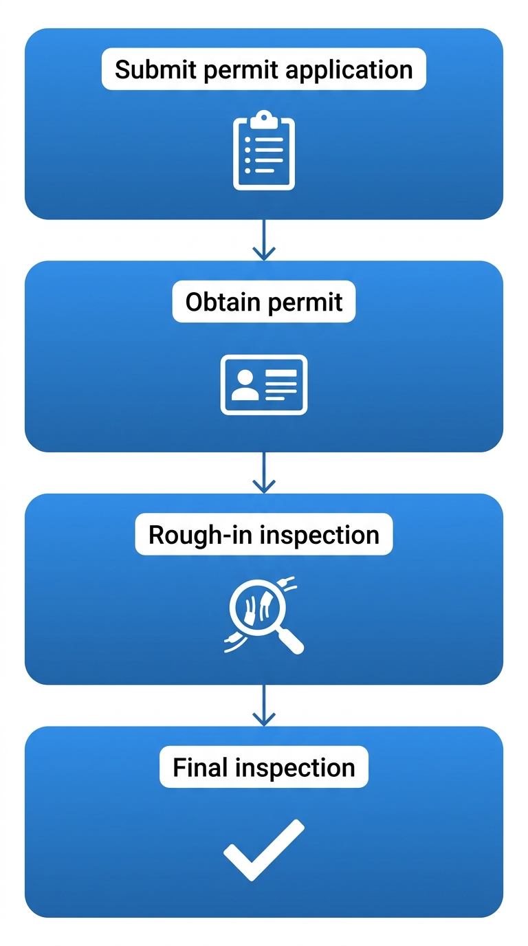 Vertical process flow illustrating the four ADU electrical permit steps in Los Angeles: submit permit application, obtain permit, rough-in inspection, and final inspection.