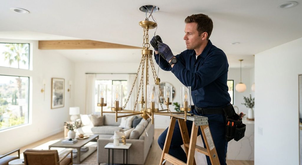 Professional electrician in navy uniform installing a chandelier in a bright Los Angeles living room