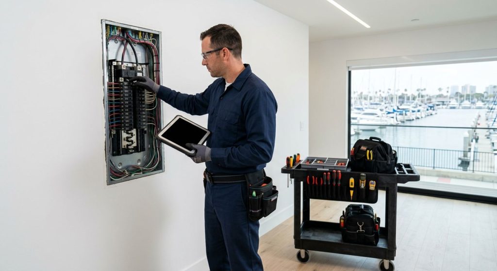 Licensed electrician inspecting a modern electrical panel in a Marina del Rey home with a marina view through the window