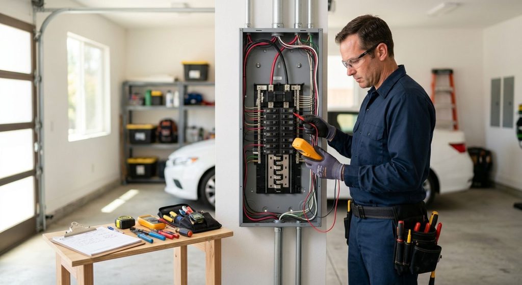 Professional electrician inspecting modern electrical panel in residential garage with tools and sunlight.