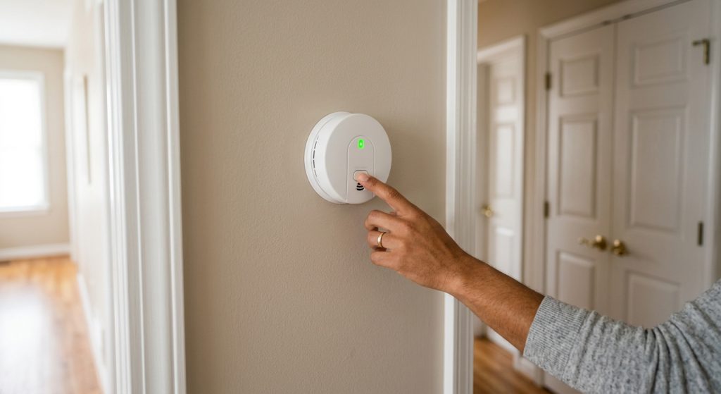 Professional photograph of a carbon monoxide detector mounted on a hallway wall at breathing height, with soft daylight and a green LED, a hand reaching toward the test button.