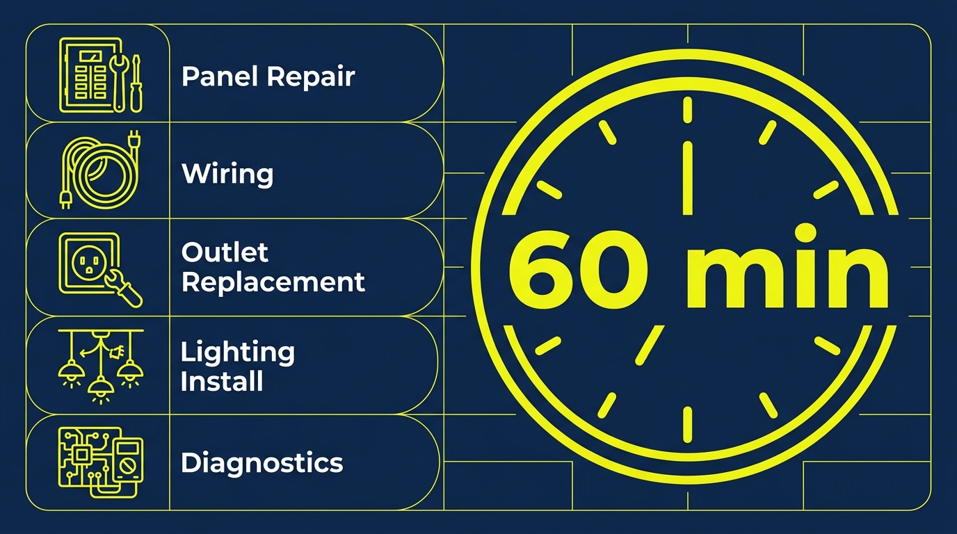 Infographic with five electrical service icons on the left and a clock showing 60 minutes on the right, using navy blue and electric yellow colors.