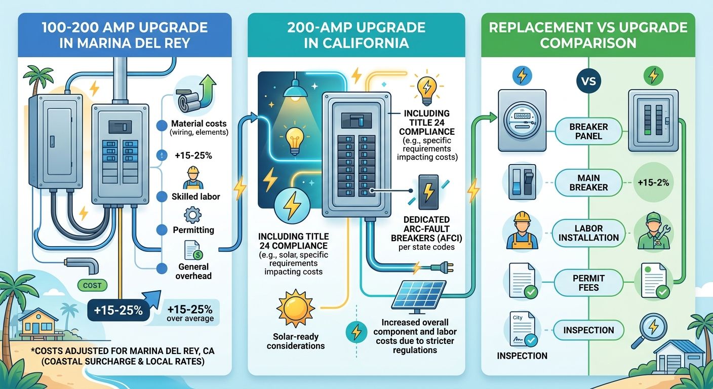 Cost breakdown infographic for electrical panel upgrades showing three panels for 100-200 amp upgrade, 200-amp upgrade with California factors, and replacement versus upgrade comparison.