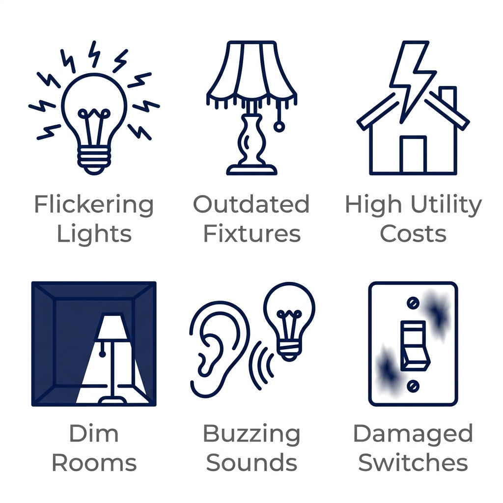 Outline icon set showing six signs your home needs a lighting upgrade, including flickering lights, outdated fixtures, high utility costs, dim rooms, buzzing sounds, and damaged switches, with labels in gray.
