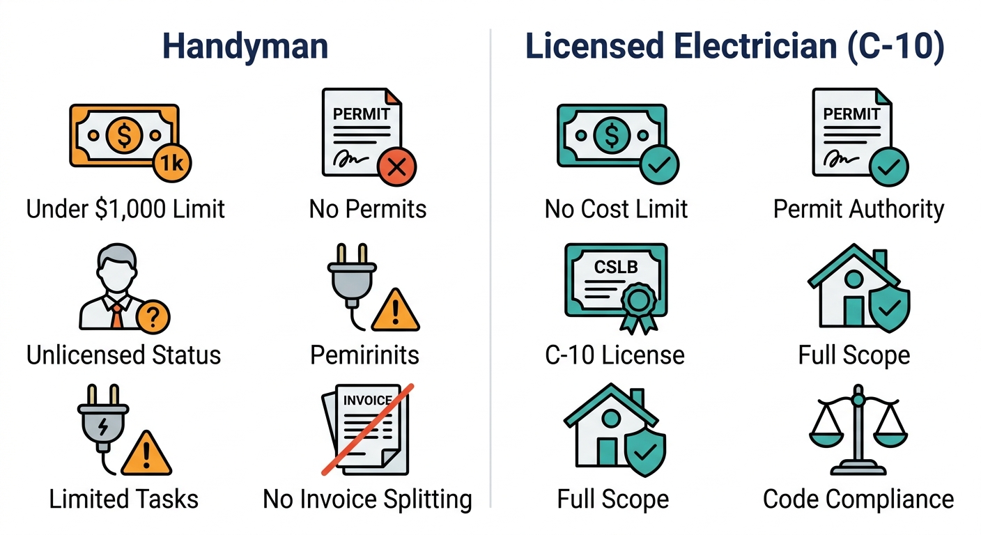 Comparison infographic showing Handyman and Licensed Electrician (C-10) with 5 attributes each: cost limit, permits, license status, task scope, and invoice compliance, using teal checkmarks and orange caution icons.