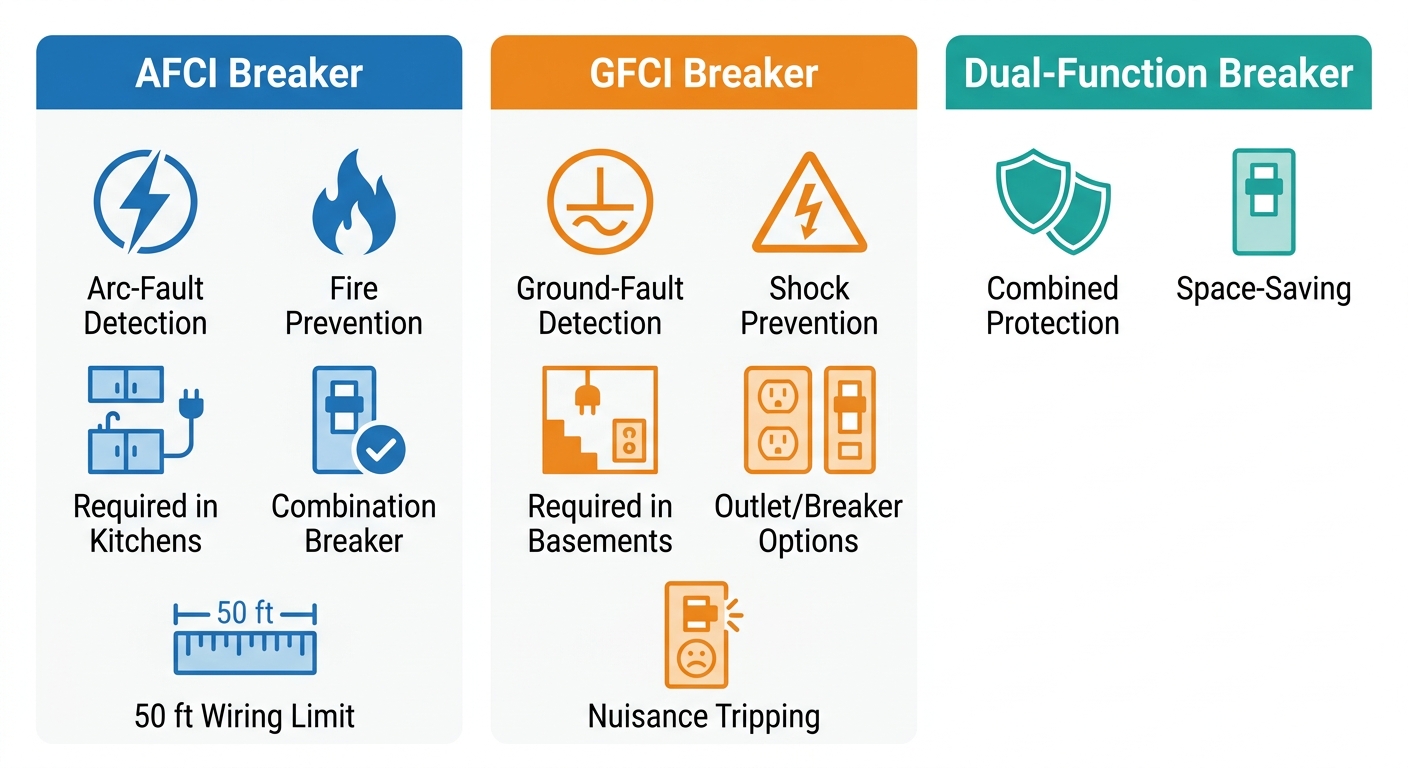 Infographic comparing AFCI, GFCI, and Dual-Function breaker features with labeled columns