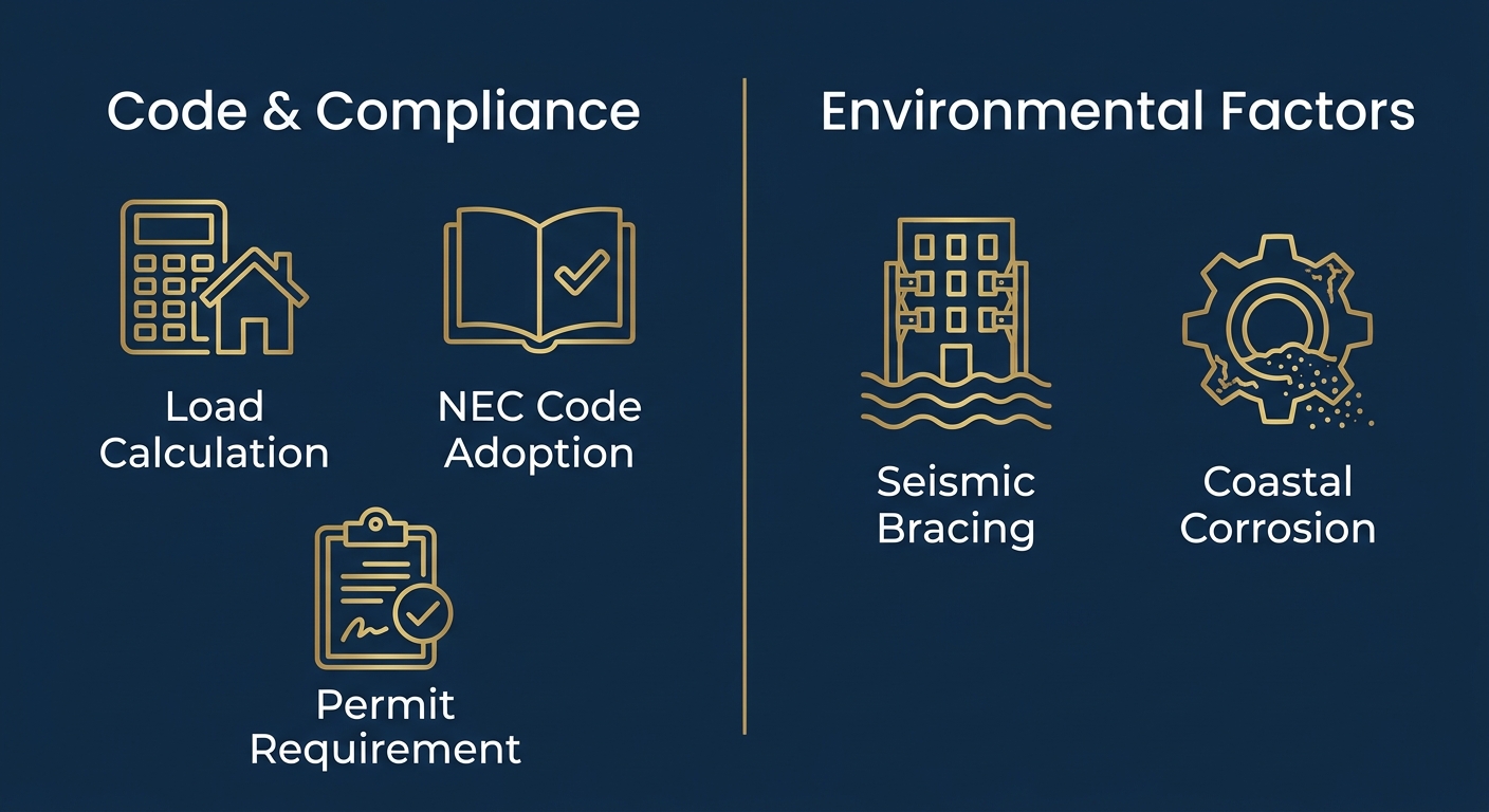 Infographic comparing commercial circuit breaker factors: Code & Compliance (Load Calculation, NEC Code Adoption, Permit Requirement) and Environmental Factors (Seismic Bracing, Coastal Corrosion) in Marina del Rey.